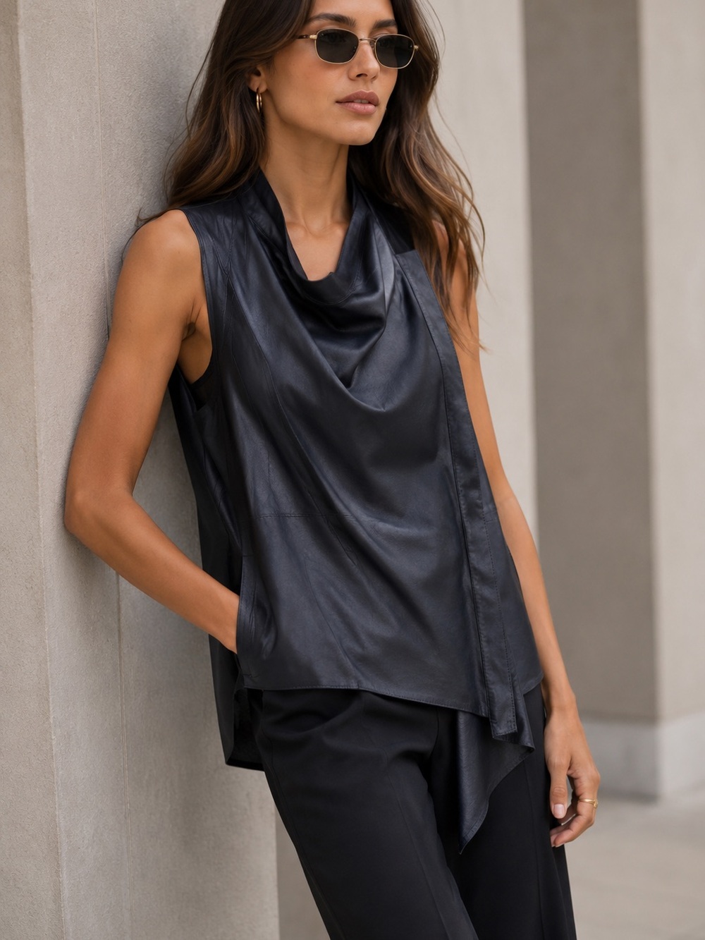 Lamarque Navy Leather Draped Asymmetric Mesh Panel Vest Top Size Medium Edgy